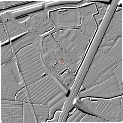Shaded relief map of the ground around BS216SR, computed from Environment Agency LiDAR. The ground here sits at about 6 m above sea level and falls 10 m across the surrounding 800 m. Surface water reaching this point runs off ground lying to the west-south-west, 2.1 m higher.