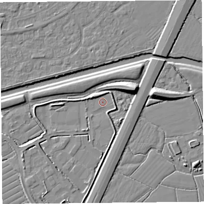 Shaded relief map of the ground around BS216ST, computed from Environment Agency LiDAR. The ground here sits at about 6 m above sea level and falls 10 m across the surrounding 800 m. Surface water reaching this point runs off ground lying to the west-north-west, 4.1 m higher.