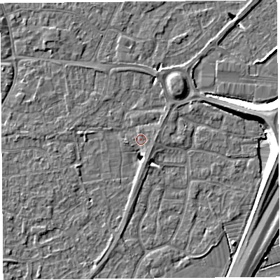 Shaded relief map of the ground around BS216SY, computed from Environment Agency LiDAR. The ground here sits at about 6 m above sea level and falls 10 m across the surrounding 800 m. Surface water reaching this point runs off ground lying to the south-south-east, 3.6 m higher.