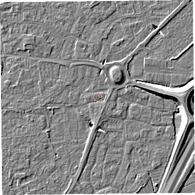 Shaded relief map of the ground around BS216TA, computed from Environment Agency LiDAR. The ground here sits at about 6 m above sea level and falls 11 m across the surrounding 800 m. Surface water reaching this point runs off ground lying to the south-south-east, 1.2 m higher.