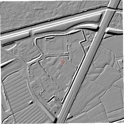 Shaded relief map of the ground around BS216TB, computed from Environment Agency LiDAR. The ground here sits at about 6 m above sea level and falls 10 m across the surrounding 800 m. Surface water reaching this point runs off ground lying to the north-north-east, 4.1 m higher.