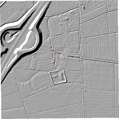Shaded relief map of the ground around BS216TD, computed from Environment Agency LiDAR. The ground here sits at about 5 m above sea level and falls 10 m across the surrounding 800 m. Surface water reaching this point runs off ground lying to the south-west, 2.5 m higher.