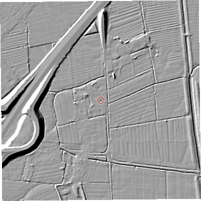 Shaded relief map of the ground around BS216TE, computed from Environment Agency LiDAR. The ground here sits at about 6 m above sea level and falls 11 m across the surrounding 800 m. Surface water reaching this point runs off ground lying to the west-north-west, 1.5 m higher.