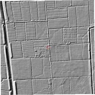 Shaded relief map of the ground around BS216TF, computed from Environment Agency LiDAR. The ground here sits at about 5 m above sea level and falls 3 m across the surrounding 800 m. Surface water reaching this point runs off ground lying to the north-north-east, 0.8 m higher.