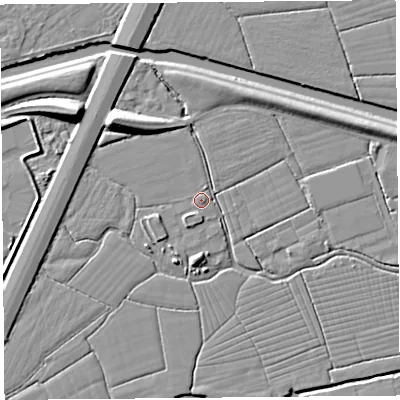 Shaded relief map of the ground around BS216TG, computed from Environment Agency LiDAR. The ground here sits at about 6 m above sea level and falls 10 m across the surrounding 800 m. Surface water reaching this point runs off ground lying to the south-east, 1.2 m higher.