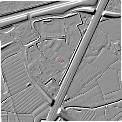 Shaded relief map of the ground around BS216TH, computed from Environment Agency LiDAR. The ground here sits at about 7 m above sea level and falls 10 m across the surrounding 800 m. Surface water reaching this point runs off ground lying to the south-south-west, 4.2 m higher.