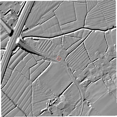 Shaded relief map of the ground around BS216TJ, computed from Environment Agency LiDAR. The ground here sits at about 6 m above sea level and falls 10 m across the surrounding 800 m. Surface water reaching this point runs off ground lying to the west-north-west, 9.1 m higher.