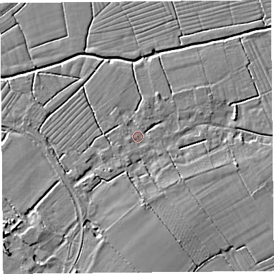 Shaded relief map of the ground around BS216TL, computed from Environment Agency LiDAR. The ground here sits at about 6 m above sea level and falls 5 m across the surrounding 800 m. Surface water reaching this point runs off ground lying to the north-north-east, 1.9 m higher.