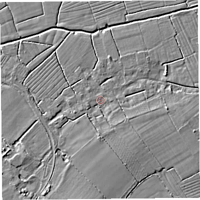 Shaded relief map of the ground around BS216TN, computed from Environment Agency LiDAR. The ground here sits at about 6 m above sea level and falls 4 m across the surrounding 800 m. Surface water reaching this point runs off ground lying to the south, 2.7 m higher.