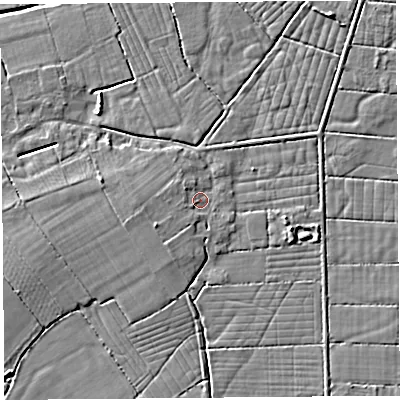 Shaded relief map of the ground around BS216TP, computed from Environment Agency LiDAR. The ground here sits at about 6 m above sea level and falls 4 m across the surrounding 800 m. Surface water reaching this point runs off ground lying to the west-south-west, 2.6 m higher.