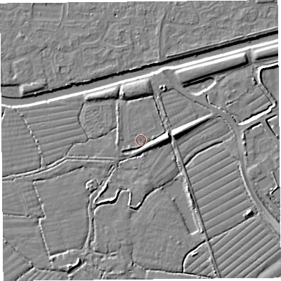 Shaded relief map of the ground around BS216TQ, computed from Environment Agency LiDAR. The ground here sits at about 6 m above sea level and falls 8 m across the surrounding 800 m. Surface water reaching this point runs off ground lying to the east, 6.0 m higher.
