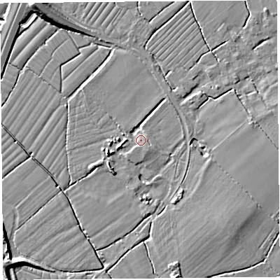 Shaded relief map of the ground around BS216TR, computed from Environment Agency LiDAR. The ground here sits at about 7 m above sea level and falls 10 m across the surrounding 800 m. Surface water reaching this point runs off ground lying to the south-south-east, 2.2 m higher.
