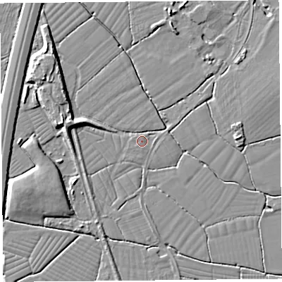 Shaded relief map of the ground around BS216TS, computed from Environment Agency LiDAR. The ground here sits at about 6 m above sea level and falls 7 m across the surrounding 800 m. Surface water reaching this point runs off ground lying to the west-north-west, 6.2 m higher.