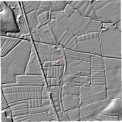 Shaded relief map of the ground around BS216TT, computed from Environment Agency LiDAR. The ground here sits at about 6 m above sea level and falls 6 m across the surrounding 800 m. Surface water reaching this point runs off ground lying to the south-south-east, 0.8 m higher.