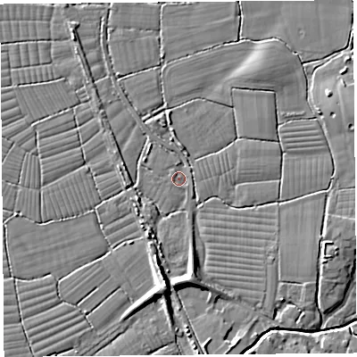 Shaded relief map of the ground around BS216TU, computed from Environment Agency LiDAR. The ground here sits at about 6 m above sea level and falls 9 m across the surrounding 800 m. Surface water reaching this point runs off ground lying to the south, 6.7 m higher.