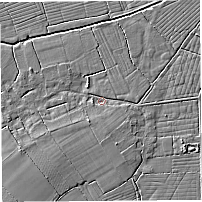 Shaded relief map of the ground around BS216TW, computed from Environment Agency LiDAR. The ground here sits at about 6 m above sea level and falls 4 m across the surrounding 800 m. Surface water reaching this point runs off ground lying to the south-south-west, 3.3 m higher.