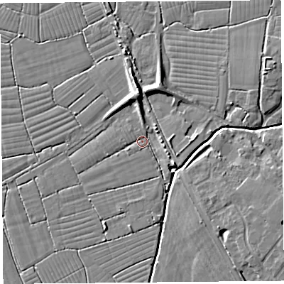 Shaded relief map of the ground around BS216TX, computed from Environment Agency LiDAR. The ground here sits at about 5 m above sea level and falls 11 m across the surrounding 800 m. Surface water reaching this point runs off ground lying to the south-south-west, 2.6 m higher.