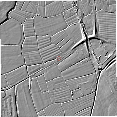 Shaded relief map of the ground around BS216TY, computed from Environment Agency LiDAR. The ground here sits at about 6 m above sea level and falls 11 m across the surrounding 800 m. Surface water reaching this point runs off ground lying to the north-east, 6.5 m higher.