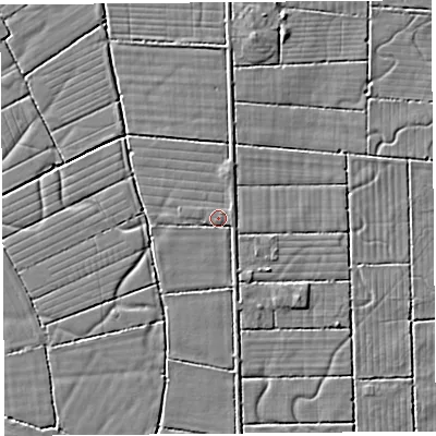 Shaded relief map of the ground around BS216TZ, computed from Environment Agency LiDAR. The ground here sits at about 6 m above sea level and falls 3 m across the surrounding 800 m. Surface water reaching this point runs off ground lying to the east, 1.2 m higher.