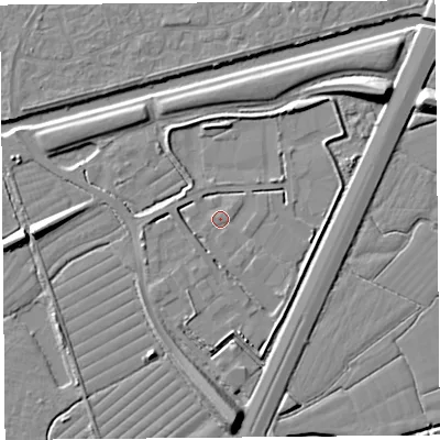 Shaded relief map of the ground around BS216UA, computed from Environment Agency LiDAR. The ground here sits at about 7 m above sea level and falls 10 m across the surrounding 800 m. Surface water reaching this point runs off ground lying to the south-west, 1.9 m higher.