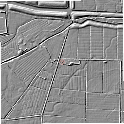 Shaded relief map of the ground around BS216UB, computed from Environment Agency LiDAR. The ground here sits at about 6 m above sea level and falls 5 m across the surrounding 800 m. Surface water reaching this point runs off ground lying to the south-east, 1.3 m higher.