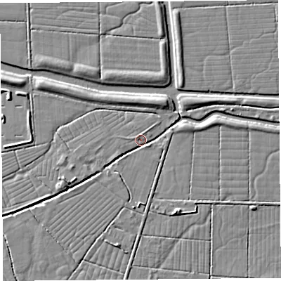 Shaded relief map of the ground around BS216UD, computed from Environment Agency LiDAR. The ground here sits at about 5 m above sea level and falls 5 m across the surrounding 800 m. Surface water reaching this point runs off ground lying to the south, 3.0 m higher.