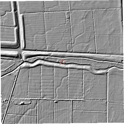 Shaded relief map of the ground around BS216UE, computed from Environment Agency LiDAR. The ground here sits at about 5 m above sea level and falls 8 m across the surrounding 800 m. Surface water reaching this point runs off ground lying to the west, 4.1 m higher.
