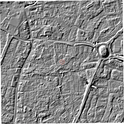 Shaded relief map of the ground around BS216UF, computed from Environment Agency LiDAR. The ground here sits at about 6 m above sea level and falls 4 m across the surrounding 800 m. Surface water reaching this point runs off ground lying to the north-north-east, 0.8 m higher.