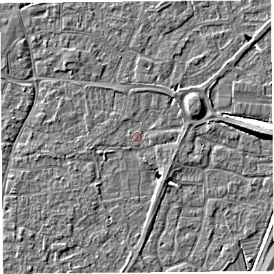 Shaded relief map of the ground around BS216UG, computed from Environment Agency LiDAR. The ground here sits at about 6 m above sea level and falls 9 m across the surrounding 800 m. Surface water reaching this point runs off ground lying to the north-east, 2.9 m higher.