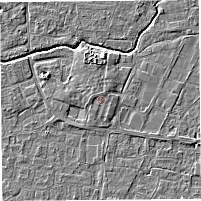 Shaded relief map of the ground around BS216UH, computed from Environment Agency LiDAR. The ground here sits at about 7 m above sea level and falls 5 m across the surrounding 800 m. Surface water reaching this point runs off ground lying to the west-north-west, 1.0 m higher.