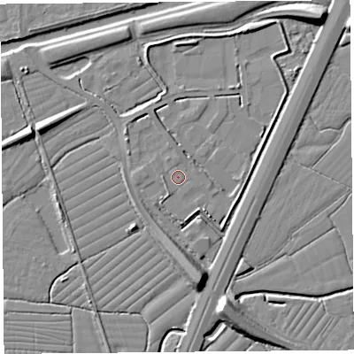 Shaded relief map of the ground around BS216UJ, computed from Environment Agency LiDAR. The ground here sits at about 7 m above sea level and falls 10 m across the surrounding 800 m. Surface water reaching this point runs off ground lying to the south-south-west, 2.2 m higher.