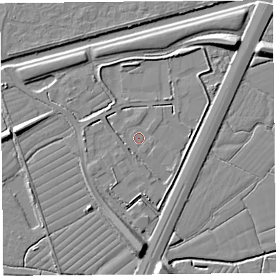 Shaded relief map of the ground around BS216UL, computed from Environment Agency LiDAR. The ground here sits at about 7 m above sea level and falls 10 m across the surrounding 800 m. Surface water reaching this point runs off ground lying to the north-north-east, 4.1 m higher.