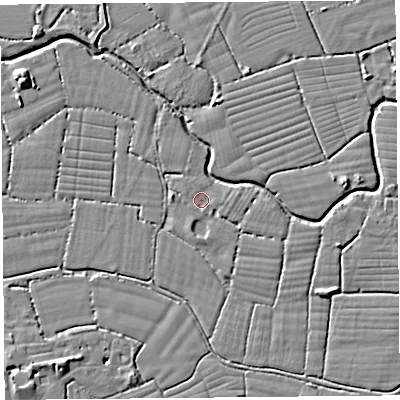 Shaded relief map of the ground around BS216UN, computed from Environment Agency LiDAR. The ground here sits at about 6 m above sea level and falls 9 m across the surrounding 800 m. Surface water reaching this point runs off ground lying to the east, 1.7 m higher.