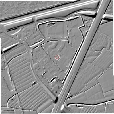 Shaded relief map of the ground around BS216UP, computed from Environment Agency LiDAR. The ground here sits at about 7 m above sea level and falls 10 m across the surrounding 800 m. Surface water reaching this point runs off ground lying to the north-north-east, 4.1 m higher.