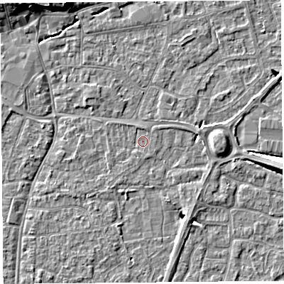 Shaded relief map of the ground around BS216UQ, computed from Environment Agency LiDAR. The ground here sits at about 6 m above sea level and falls 10 m across the surrounding 800 m. Surface water reaching this point runs off ground lying to the north, 0.8 m higher.