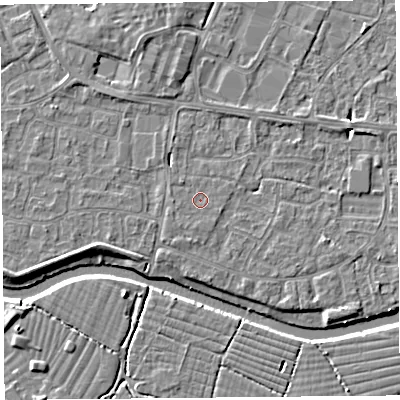 Shaded relief map of the ground around BS216UR, computed from Environment Agency LiDAR. The ground here sits at about 6 m above sea level and falls 4 m across the surrounding 800 m. Surface water reaching this point runs off ground lying to the north-west, 0.6 m higher.