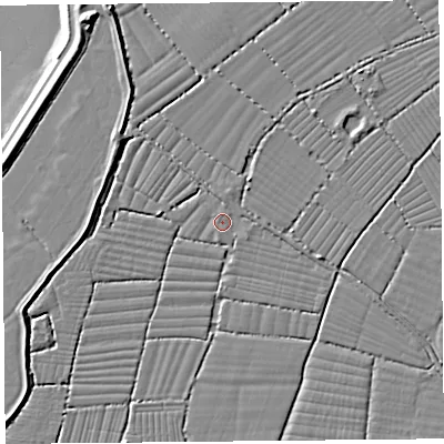Shaded relief map of the ground around BS216US, computed from Environment Agency LiDAR. The ground here sits at about 6 m above sea level and falls 9 m across the surrounding 800 m. Surface water reaching this point runs off ground lying to the south-east, 0.6 m higher.