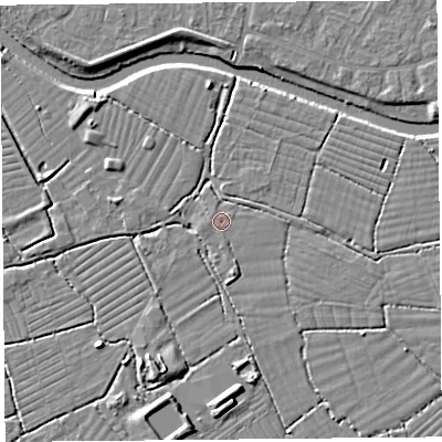 Shaded relief map of the ground around BS216UT, computed from Environment Agency LiDAR. The ground here sits at about 6 m above sea level and falls 7 m across the surrounding 800 m. Surface water reaching this point runs off ground lying to the west-south-west, 1.2 m higher.