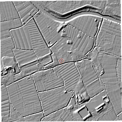 Shaded relief map of the ground around BS216UU, computed from Environment Agency LiDAR. The ground here sits at about 6 m above sea level and falls 7 m across the surrounding 800 m. Surface water reaching this point runs off ground lying to the south-south-east, 3.9 m higher.