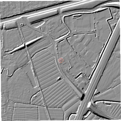 Shaded relief map of the ground around BS216UW, computed from Environment Agency LiDAR. The ground here sits at about 7 m above sea level and falls 10 m across the surrounding 800 m. Surface water reaching this point runs off ground lying to the east, 1.1 m higher.