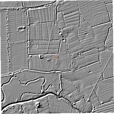 Shaded relief map of the ground around BS216UX, computed from Environment Agency LiDAR. The ground here sits at about 6 m above sea level and falls 8 m across the surrounding 800 m. Surface water reaching this point runs off ground lying to the west, 3.4 m higher.
