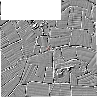 Shaded relief map of the ground around BS216UY, computed from Environment Agency LiDAR. The ground here sits at about 6 m above sea level and falls 10 m across the surrounding 800 m. Surface water reaching this point runs off ground lying to the north-north-west, 6.6 m higher.