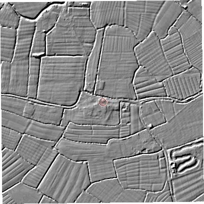 Shaded relief map of the ground around BS216UZ, computed from Environment Agency LiDAR. The ground here sits at about 6 m above sea level and falls 4 m across the surrounding 800 m. Surface water reaching this point runs off ground lying to the east-south-east, 1.9 m higher.