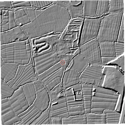 Shaded relief map of the ground around BS216XA, computed from Environment Agency LiDAR. The ground here sits at about 6 m above sea level and falls 5 m across the surrounding 800 m. Surface water reaching this point runs off ground lying to the north, 1.0 m higher.