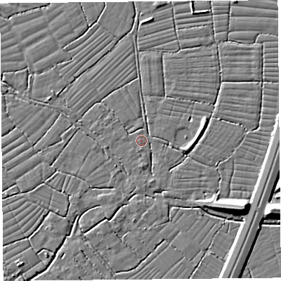 Shaded relief map of the ground around BS216XB, computed from Environment Agency LiDAR. The ground here sits at about 6 m above sea level and falls 9 m across the surrounding 800 m. Surface water reaching this point runs off ground lying to the south, 1.8 m higher.