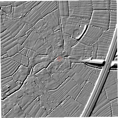 Shaded relief map of the ground around BS216XD, computed from Environment Agency LiDAR. The ground here sits at about 6 m above sea level and falls 9 m across the surrounding 800 m. Surface water reaching this point runs off ground lying to the south-south-west, 1.5 m higher.