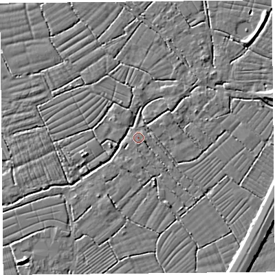 Shaded relief map of the ground around BS216XE, computed from Environment Agency LiDAR. The ground here sits at about 6 m above sea level and falls 4 m across the surrounding 800 m. Surface water reaching this point runs off ground lying to the east, 0.5 m higher.