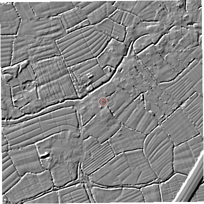 Shaded relief map of the ground around BS216XF, computed from Environment Agency LiDAR. The ground here sits at about 6 m above sea level and falls 4 m across the surrounding 800 m. Surface water reaching this point runs off ground lying to the south-south-west, 0.8 m higher.