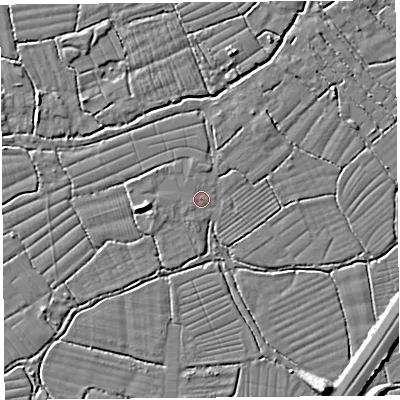 Shaded relief map of the ground around BS216XG, computed from Environment Agency LiDAR. The ground here sits at about 6 m above sea level and falls 7 m across the surrounding 800 m. The ground contributing surface water to this point lies to the west-south-west.