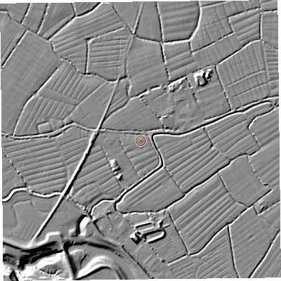 Shaded relief map of the ground around BS216XH, computed from Environment Agency LiDAR. The ground here sits at about 6 m above sea level and falls 10 m across the surrounding 800 m. Surface water reaching this point runs off ground lying to the south-west, 3.4 m higher.